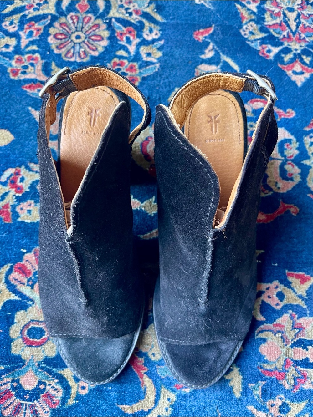 Frye Black Suede Peep-Toe Slingback Booties